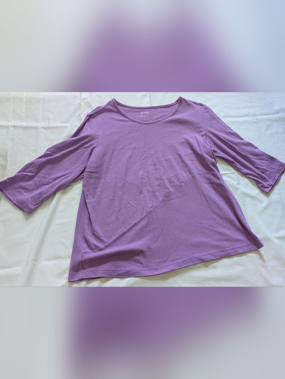 Purple Asymmetrical Block Design Scoop Neck 3/4 Sleeve Top
